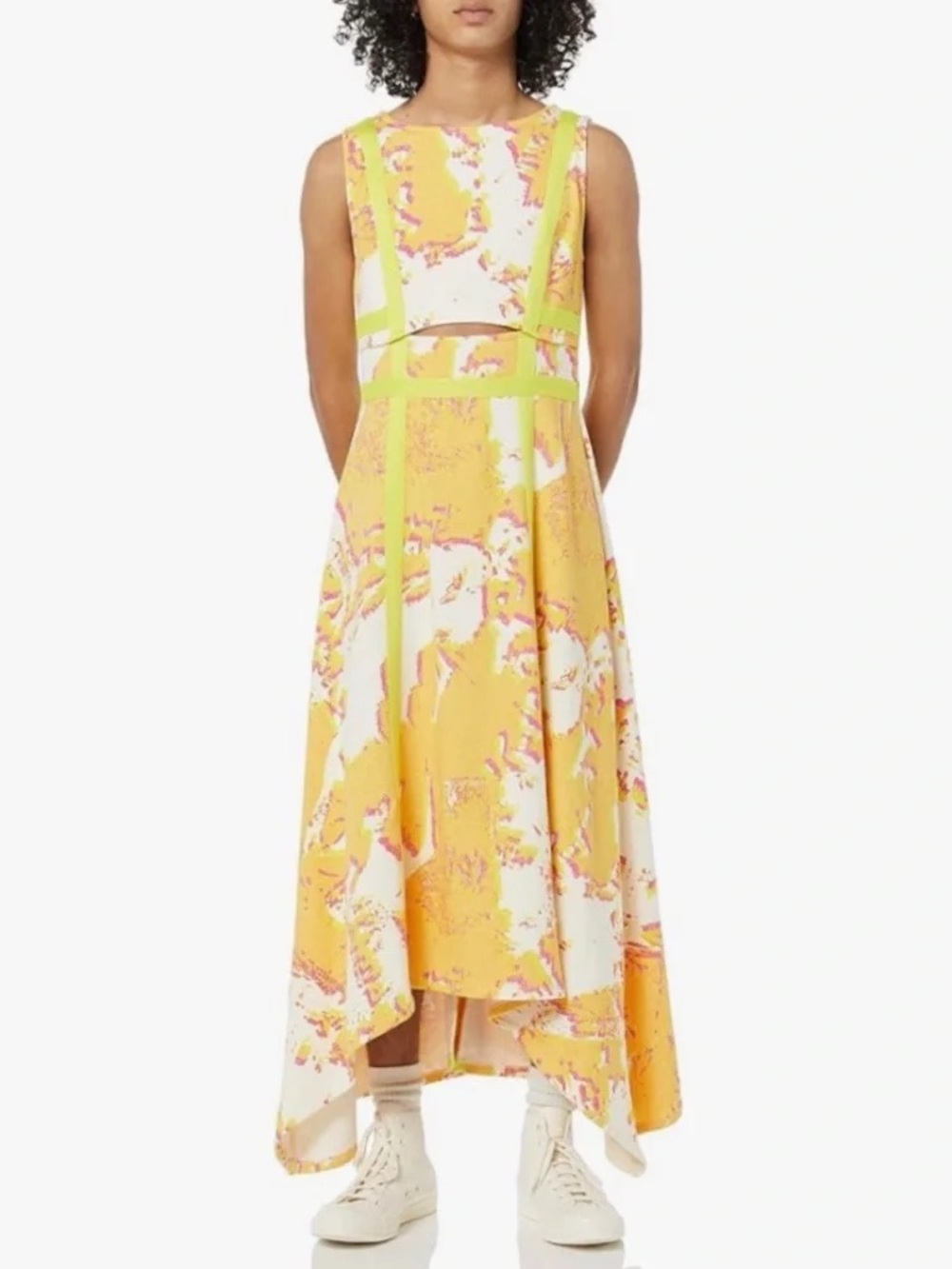 NWT Making The Cut Orange Yellow Print Abstract High Low Cutout Midi Dress M